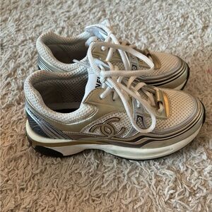 White Gold and Silver Metallic Women Interlocking CC Fashion Sneakers